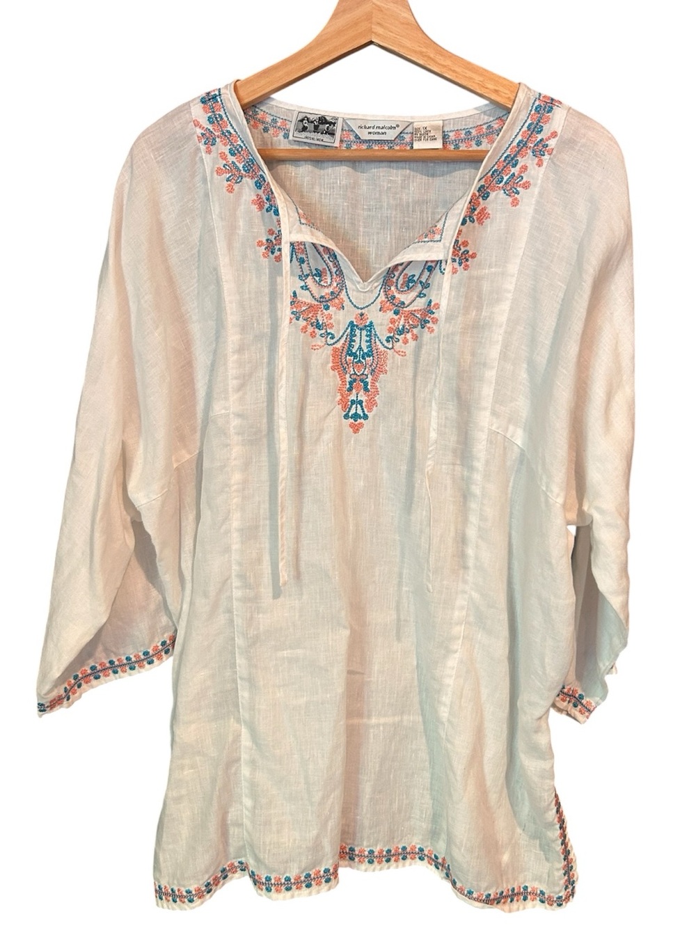Richard Malcolm White Embroidered V-Neck Linen Tunic Top Blouse Linen Size 1X